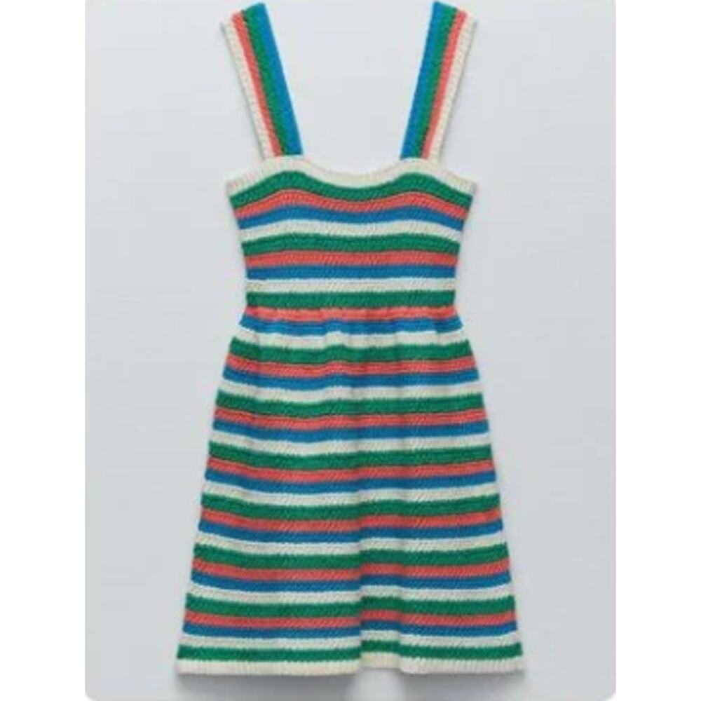 Zara Crochet Knit Mini Dress Striped Square Neck Green Coral Blue Vacation S